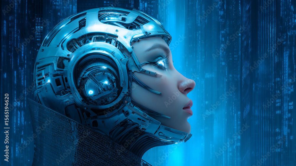 Poster a close-up of a futuristic android with a sleek metallic head and intricate designs. the backdrop fe