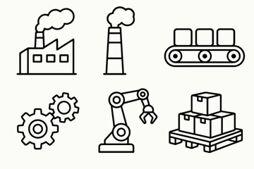 Black and white icons for manufacturing. Minimal vector cartoon style.