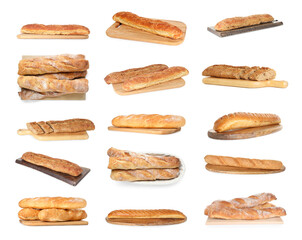 Different types of fresh baguettes isolated on white, collage