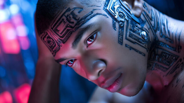 A young man gazes intensely at the camera, showcasing detailed cybernetic tattoos on his face. The vibrant neon lights illuminate the scene, creating a captivating atmosphere