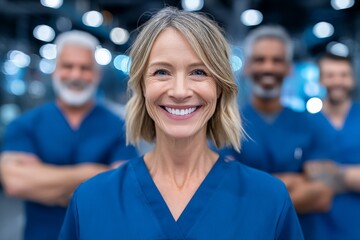 A stock image shows a diverse medical team sharing a carefree moment in the hospital