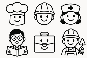 Black and white cartoon icons for different jobs. Simple vector for work themes.