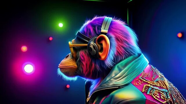 Anthropomorphic ape with vivid colors, headphones, sunglasses, and leather jacket against a dark, bokeh-lit background in a surreal aesthetic.