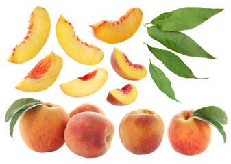 Ripe juicy peaches and green leaves on white background, collage