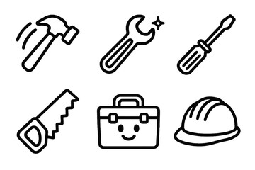 Fototapeta premium 6 cartoon black and white tool icons. Vector for Labor Day and work themes.