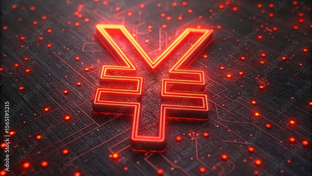 Poster red neon yuan sign on dark textured surface with cyber elements