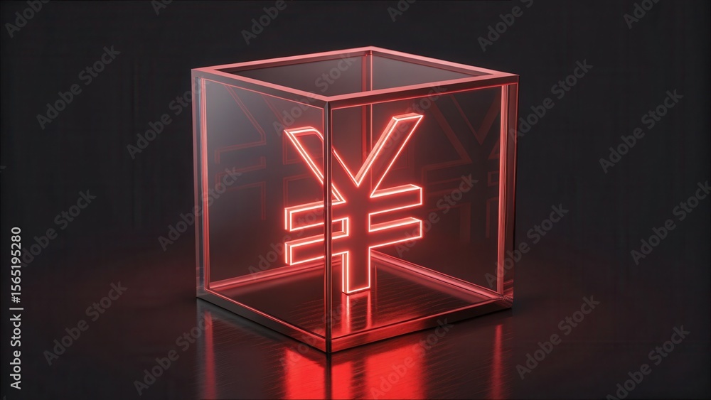 Poster Red Yuan Symbol in Glass Cube with Reflection and Low Resolution