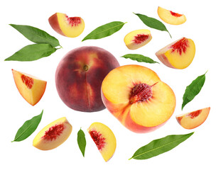Ripe juicy peaches and green leaves on white background, collage