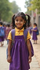 A young child stands in a bright school uniform—yellow polo, purple pinafore, and backpack—ready for the day. The neat look and neutral backdrop amplify focus.