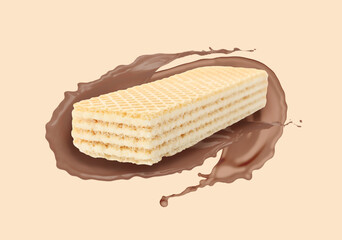 Tasty wafer and chocolate milk splash in air against beige background