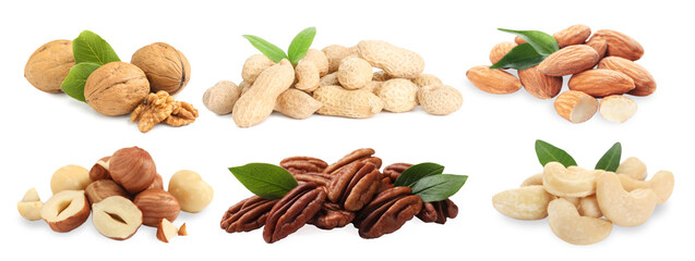 Peanut and other nuts isolated on white, set