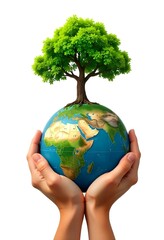 Hands gently cradle a globe with a thriving green tree growing atop it. Earth’s continents are visible, embodying themes of care, sustainability, and hope.