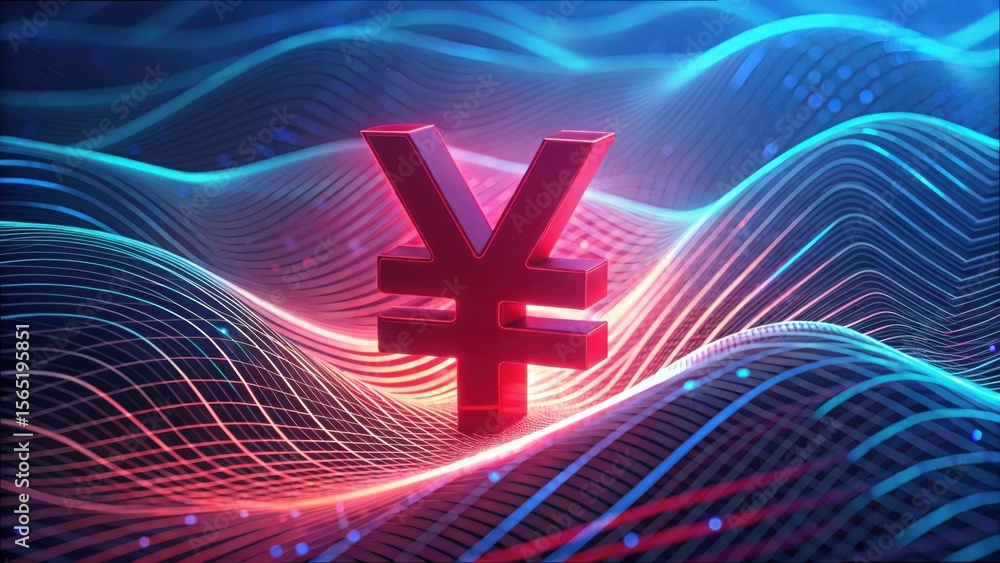 Poster red yuan symbol in abstract digital waves for financial themes