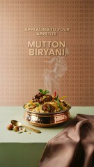 A steaming bowl of mutton biryani sits on a green surface with rustic props. A patterned backdrop and bold text amplify its rich aroma and visual flavor.