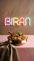 A steaming bowl of mutton biryani sits on a green surface with rustic props. A patterned backdrop and bold text amplify its rich aroma and visual flavor.
