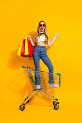 Charming young woman with shopping bags posing on a shopping cart against a vibrant yellow...