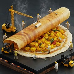 Miniature construction workers creatively assemble a steaming dosa using toy cranes and forklifts. Whimsical and delicious, the scene reimagines food as art.