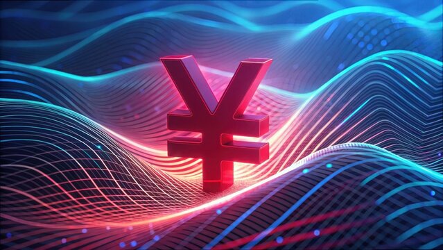Red Yuan Symbol in Abstract Digital Waves for Financial Themes