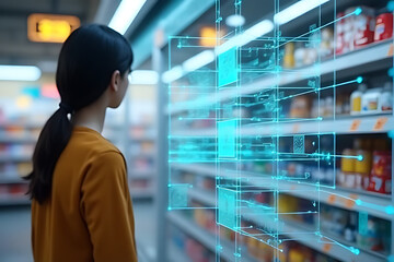 Woman in orange shirt looking at augmented reality display in grocery store with shelves of products and blue digital overlay