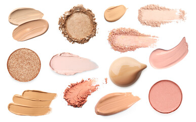 Different cosmetic makeup products on white background, set. Palette of shades