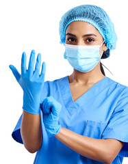 A female surgeon putting on blue gloves, preparing for surgery. She is wearing a blue surgical cap and mask, isolated on transparent background