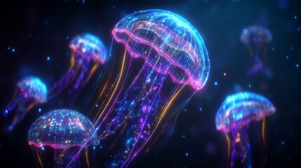 A breathtaking digital artwork depicts a resplendent, luminous jellyfish swimming in a simulated marine ecosystem