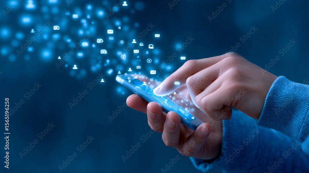Poster a hand interacting with a smartphone is depicted, surrounded by floating icons representing various 