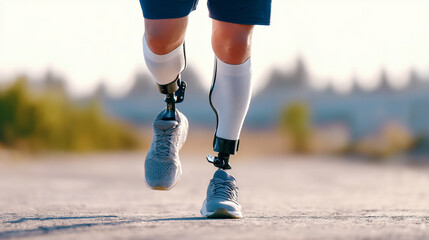 A person with prosthetic legs runs energetically on a sunlit track. The individual wears athletic gear and displays a determined expression, showcasing strength and resilience while exercising