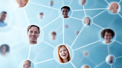 People are represented in a digital network, highlighting connections among individuals from various backgrounds. Their expressions reflect joy and engagement in a virtual environment