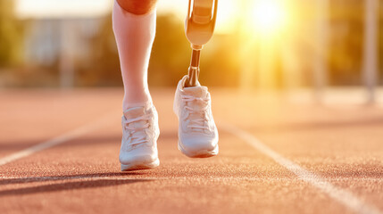 A dedicated athlete with a prosthetic leg runs on a track at sunset, embodying perseverance and strength. The warm sunlight highlights the effort and focus involved in the training session