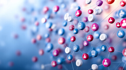 Colorful icons depicting social media and user profiles are interconnected, showcasing a vibrant digital network. This representation embodies online communication and community engagement