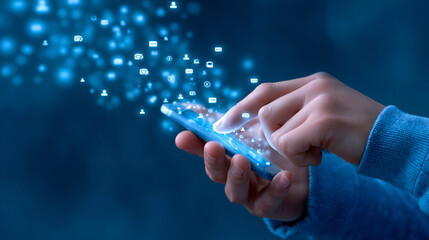 A hand interacting with a smartphone is depicted, surrounded by floating icons representing various applications. The background is a deep blue, enhancing the modern technology theme