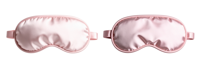 Collection of Pink satin eye sleeping mask isolated on white background. Insomnia and sleeplessness disorder concept. Close up, copy space, flat lay. Accessories for girls and women 