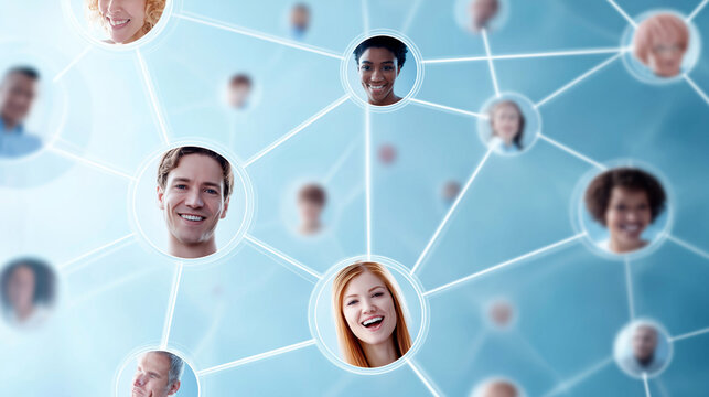 People are represented in a digital network, highlighting connections among individuals from various backgrounds. Their expressions reflect joy and engagement in a virtual environment
