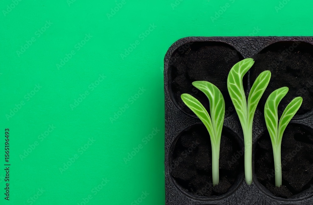 Poster a light green background serves as the setting for a close-up of a micro-green in a container