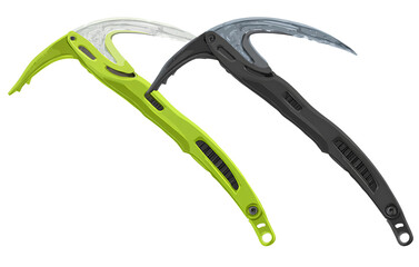 Two vector-style ice climbing picks in black and green, isolated on a transparent background