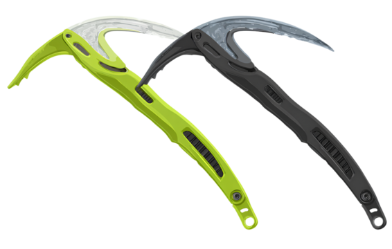 Two vector-style ice climbing picks in black and green, isolated on a transparent background