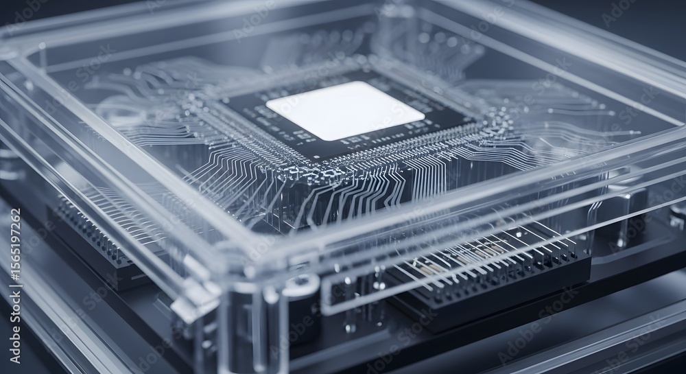Poster encased microchip reveals intricate circuitry,astunning display of technological precision and minia