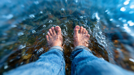 Bare feet are immersed in clear water, rippling gently as sunlight sparkles on the surface. Soft waves lap against the ankles, evoking a serene summer vibe near the beach