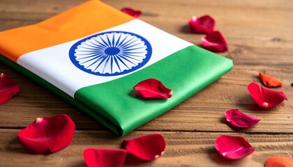 Indian Flag Neatly Folded Wood Table Rose Petals