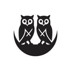 Two owls perched on a crescent moon in a black and white graphic illustration style