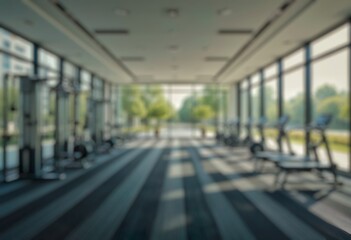 Fototapeta premium Abstract blur fitness gym with equipment for background. Windows facing the outdoors with morning sunlight