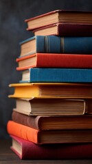 Fototapeta premium Stacked colorful books with varied sizes and bindings pages
