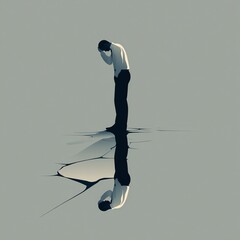 A solitary person stands with their head in their hand, reflected in a cracked surface symbolizing emotional struggle or inner conflict.