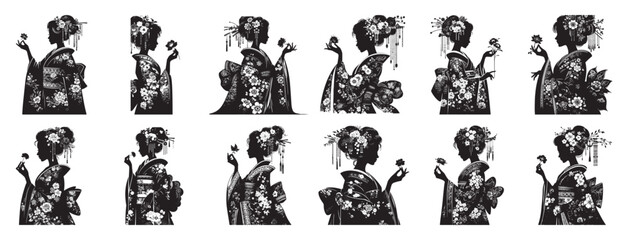 Japanese woman in ornate kimono holding flower silhouette