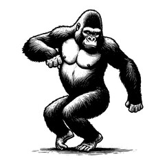 Fototapeta premium gorilla dancing sketch engraving generative ai fictional character PNG illustration. Scratch board imitation. Black and white image.