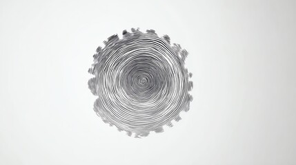 A stylized black circular fingerprint pattern on a white background, symbolizing identity, security, and biometric technology.