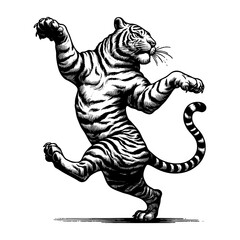 Dancing Tiger sketch engraving generative ai fictional character PNG illustration. Scratch board imitation. Black and white image.