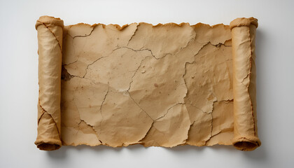 Unrolled aged scroll with a textured surface shows cracks and curled edges, perfect for vintage designs or historical themes.
