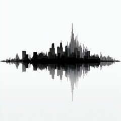 Obraz premium A black city skyline is creatively merged with a soundwave pattern, reflected below, symbolizing the fusion of urban life and audio waves.